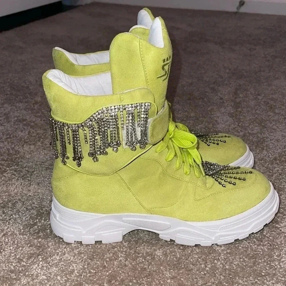 Shane Justin High Top Rhinestone Platform Sneakers - Lime Green - Size 38 - Picture 1 of 8